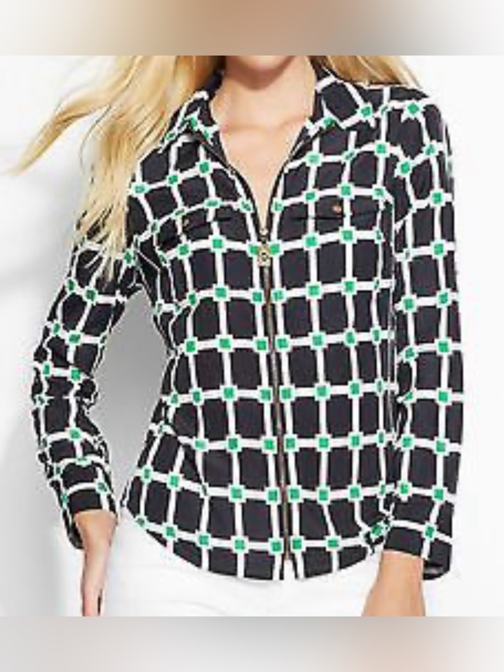 Michael Kors Geometric Print Zip Front Jacket Blouse Green Black/ Navy White S